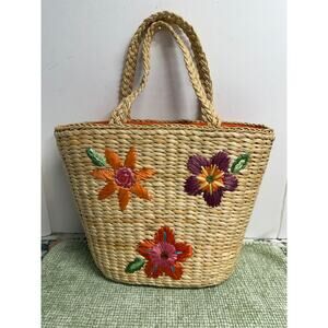 Vintage Straw Tote Bag Floral Raffia Embroidered Beaded Market Beach Purse